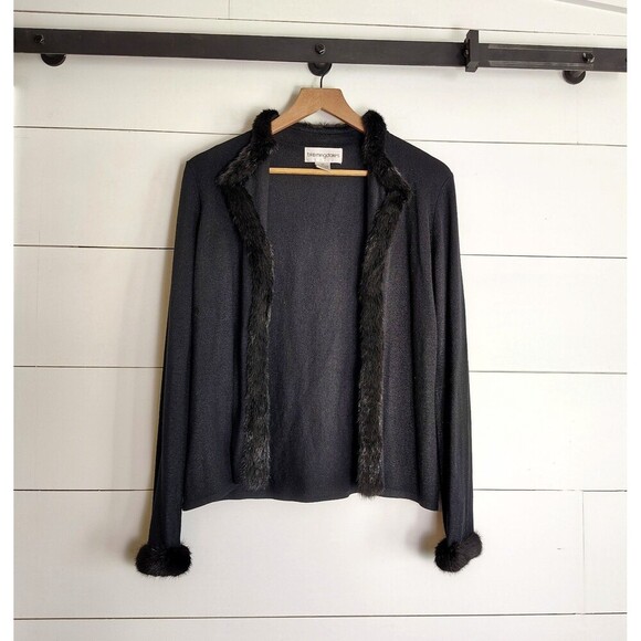 Vtg Bloomingdale’s Cardigan PS Black Cashmere Silk Fur Trim Y2K Quiet Luxury 90s - Picture 1 of 8